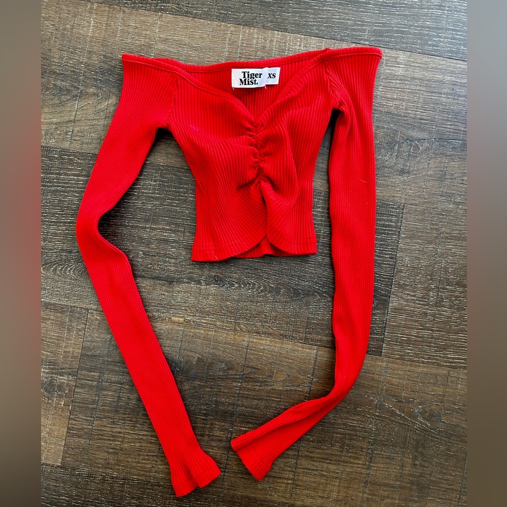 Tiger Mist red long sleeve crop top